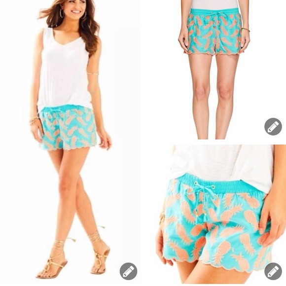 Lilly Pulitzer Pants - Lilly Pulitzer Bay Breeze Embroidered Pineapple Shorts XS Seaside Aqua 1352